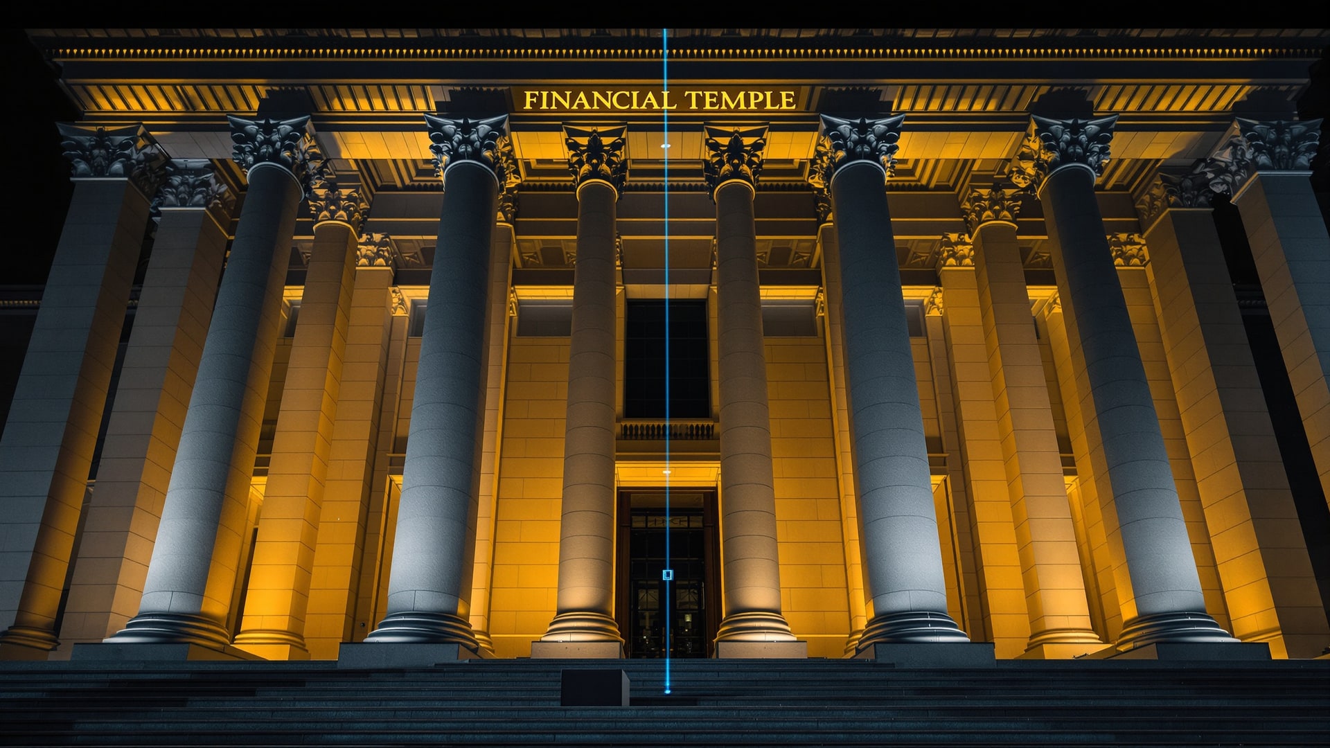 Monumental stone-and-steel financial temple façade (institutional building) with a foreground industrial gas pipeline valve spanning the steps and a p — editorial cover artwork for the Knightron story on Europe’S Electrification Slowdown Puts Utilities, LNG And Ca