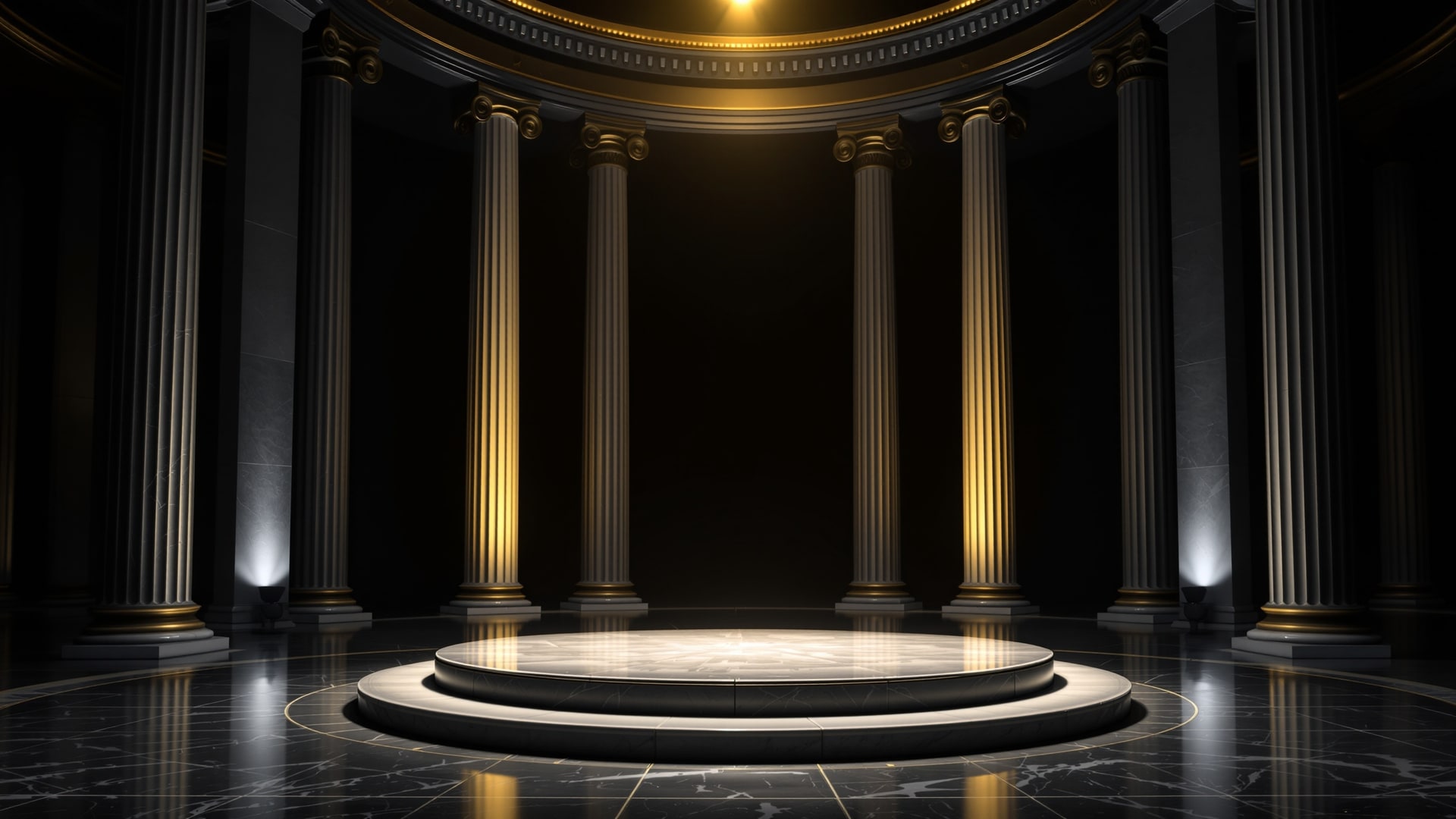 interior of a government-style neoclassical hall: rows of tall fluted columns, a single polished marble step in the foreground, distant narrow apertur — editorial cover artwork for the Knightron story on SEC Sets July 13 Roundtable On IPO Modernization And Small I